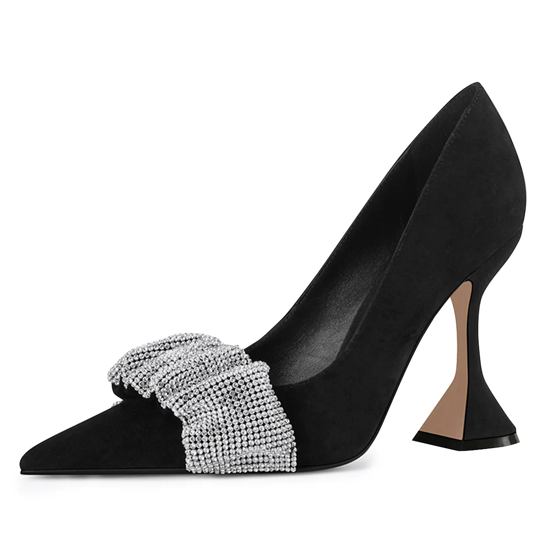 Black Faux Suede Rhinestone Band Inlay Elegant Pumps with Flared Heel