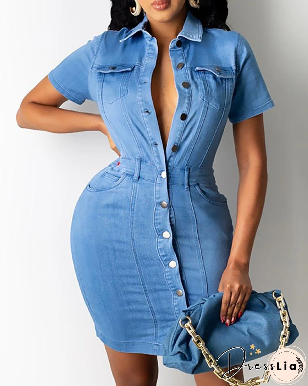 Buttoned Pocket Design Denim Bodycon Dress