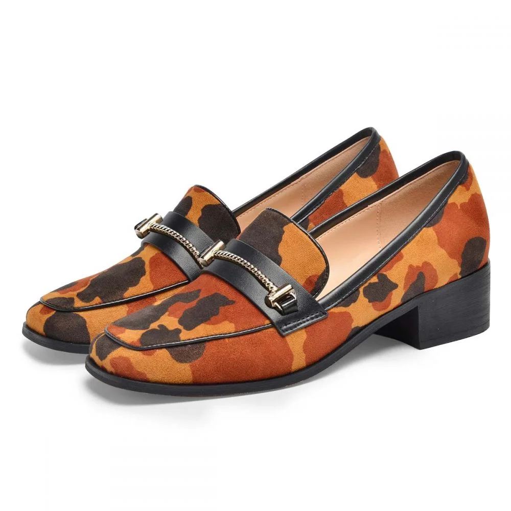 Brown Cow Pattern Loafers Casual Chunky Heels With Chain Nicepairs