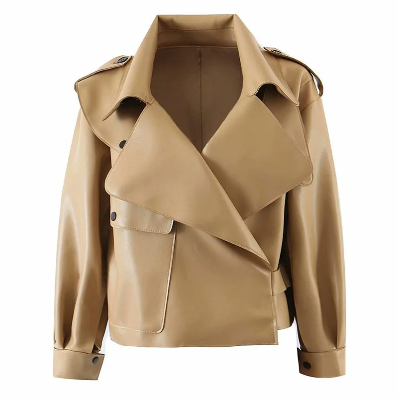 Ailegogo Spring Women Short Pu Leather Jacket Moto Biker Oversized Turndown Collar Black Coat Vogue Lady Faux Leather Outwear