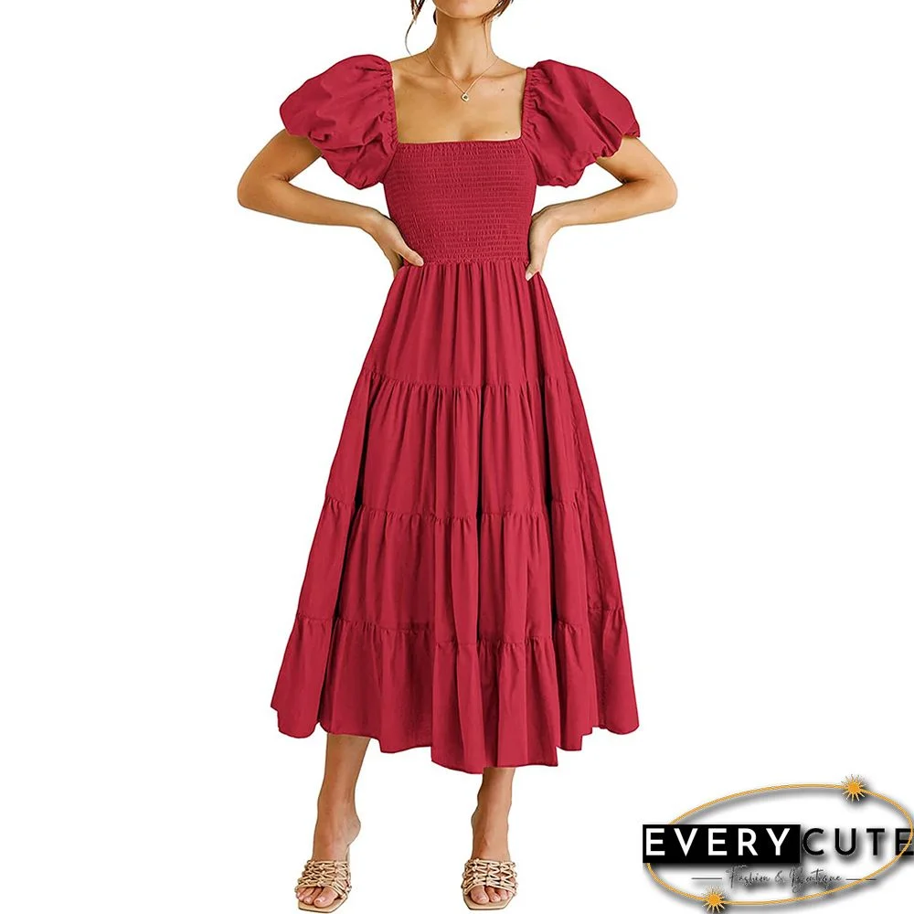 Red Square Neck Puff Sleeve Pleated Casual Dress