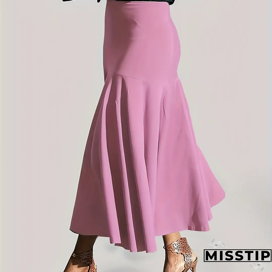 Plus Size Party Skirt, Women's Plus Solid High Rise Non-stretch Maxi Mermaid Skirt