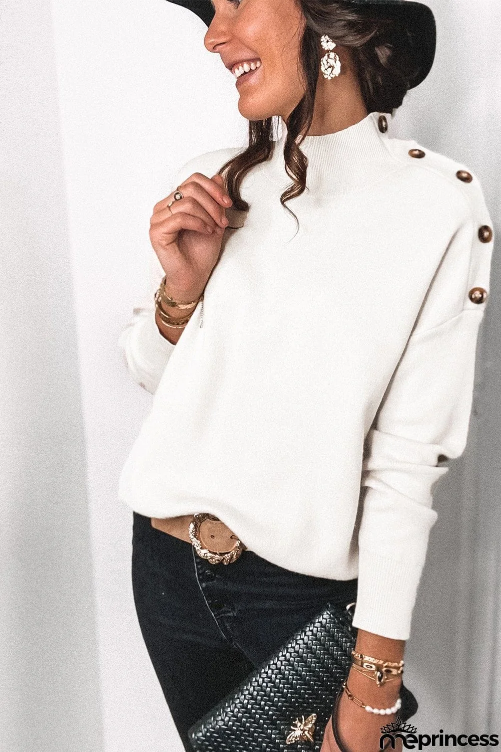 High Neck Button Shoulder Long Sleeve Sweater