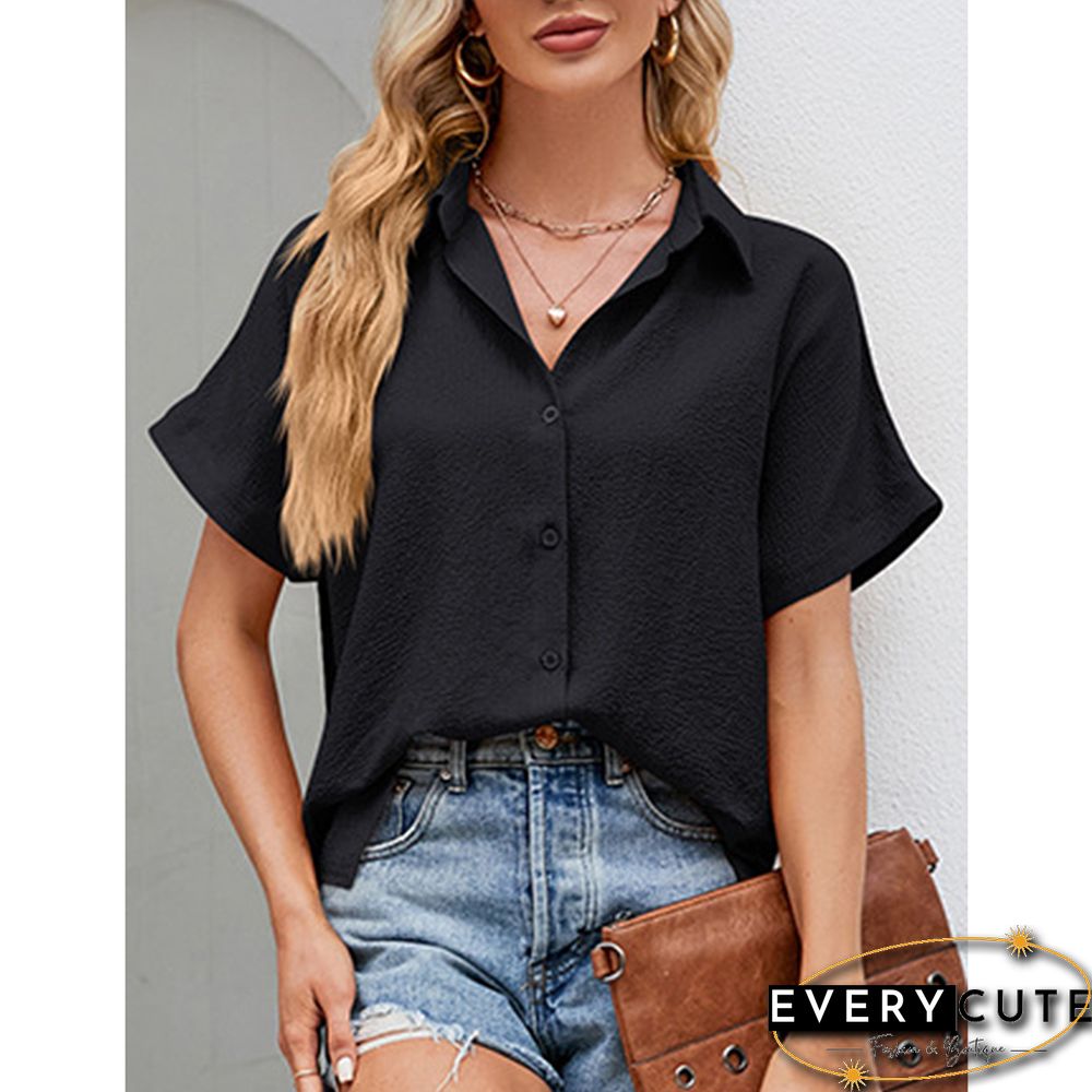 Black Button Lapel V Neck Short Sleeve Shirt