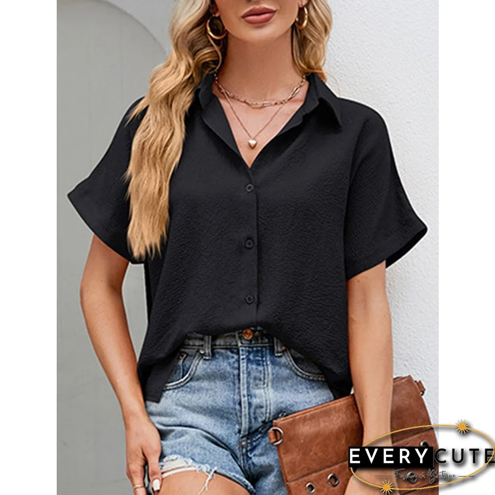 Black Button Lapel V Neck Short Sleeve Shirt