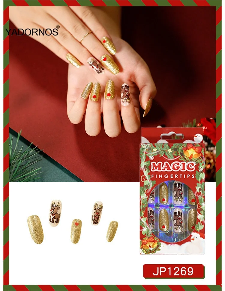 24pcs Christmas Stickers On Nails Patch Glue Type Removable Long coffin Paragraph Fashion Manicure free shipping press on nails-Nail Inspo