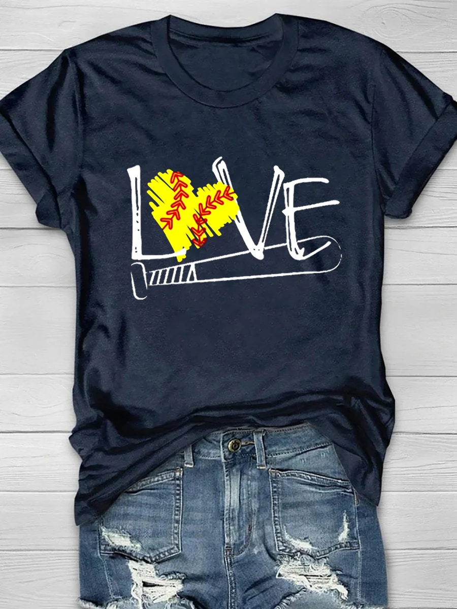 Love Softball Print Short Sleeve T-Shirt