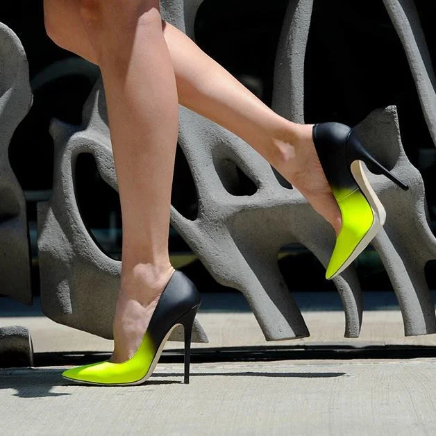 Neon Green and Black Ombre Color Pumps Pointed Toe Stiletto Shoes |FSJ Shoes