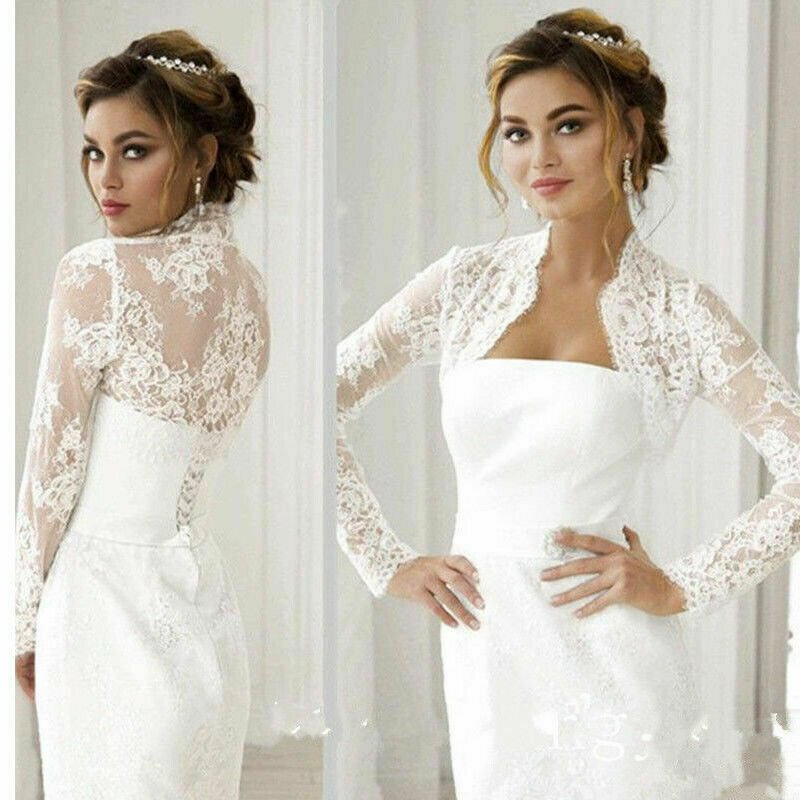 Zingj Wedding Bolero Long Sleeve Bridal Jackets Lace Top White Ivory Wraps Bride Jacket