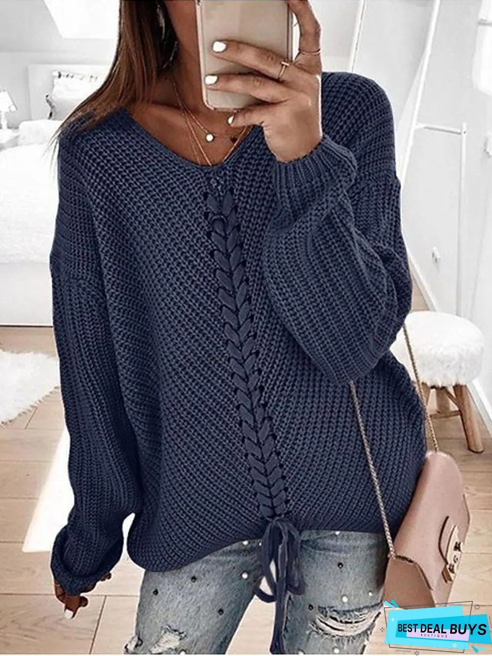 Women's Casual Knitted Solid Colored Pullover Long Sleeve Sweater Cardigans V Neck Spring Fall Black Red Yellow