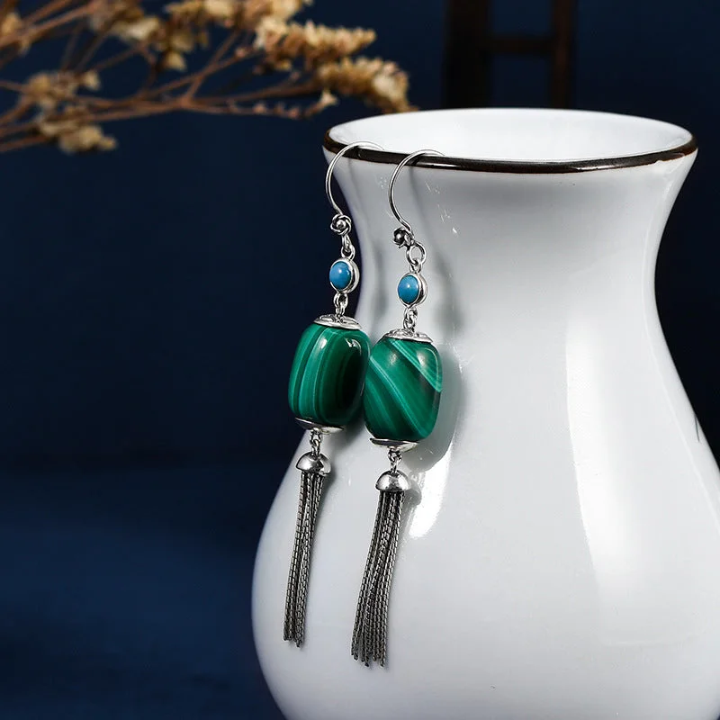 S925 Silver Malachite Tassel Retro Ethnic Earrings
