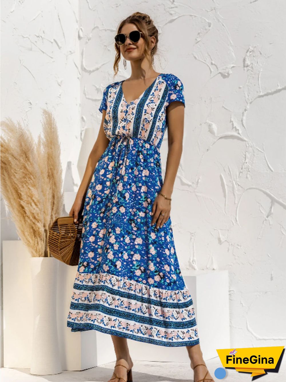 Short Sleeve V Neck Floral Maxi Dress