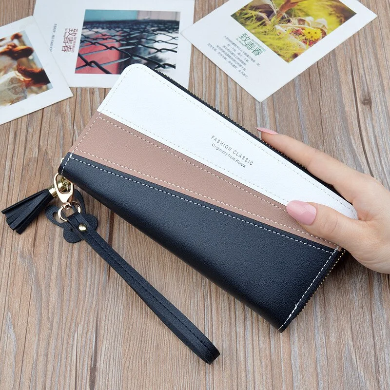 New Leather Wallet Long Tassel Women Wallets Zipper Purse Cartoon Patchwork Panelled Wallets Coin Purse Card Holder Carteira