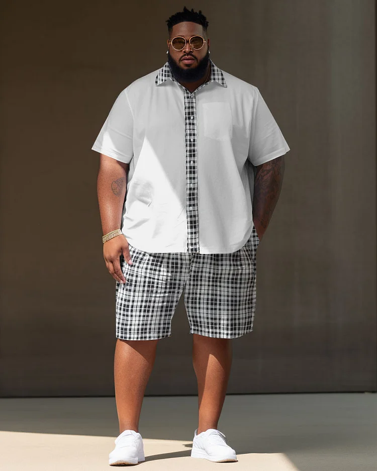 Men's Large Size Casual Classic Retro Color Block Plaid Street Short Shirt Shorts Suit
