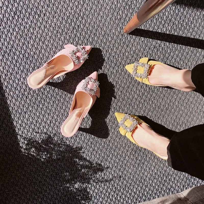 Pointed high heels women's stiletto heel 2020 new all-match fashion Baotou square buckle rhinestone slippers