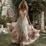 Women's Retro Pink Rose Art V Neck Suspender Maxi Dress - Image 2