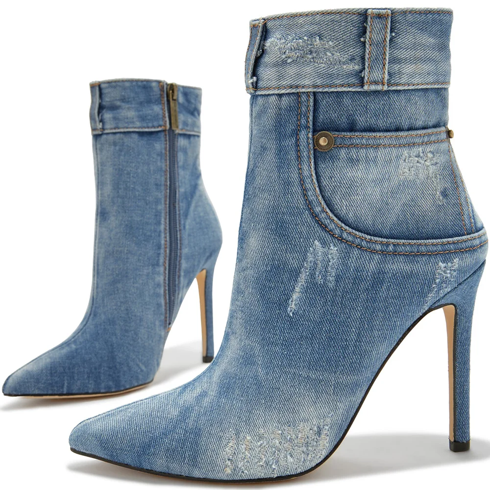 Blue Denim Patchwork Pointed Toe Zip Ankle Boots with Stiletto Heels Nicepairs