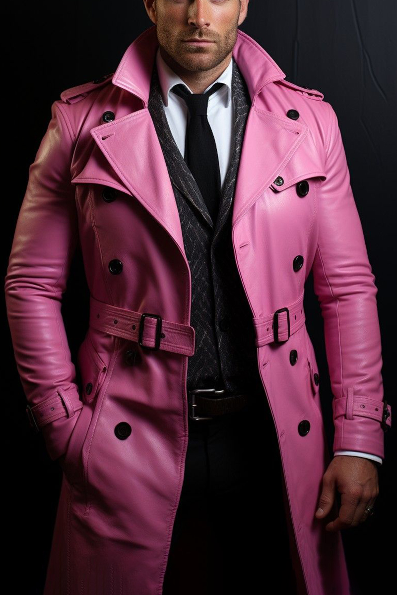 Ciciful PU Leather Belted Belted Pink Trench Coat