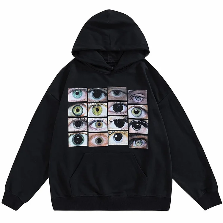 Hip Hop Streetwear Hooded Sweatshirt Eyes Print Y2K Pullover Loose  Hoodie at Hiphopee
