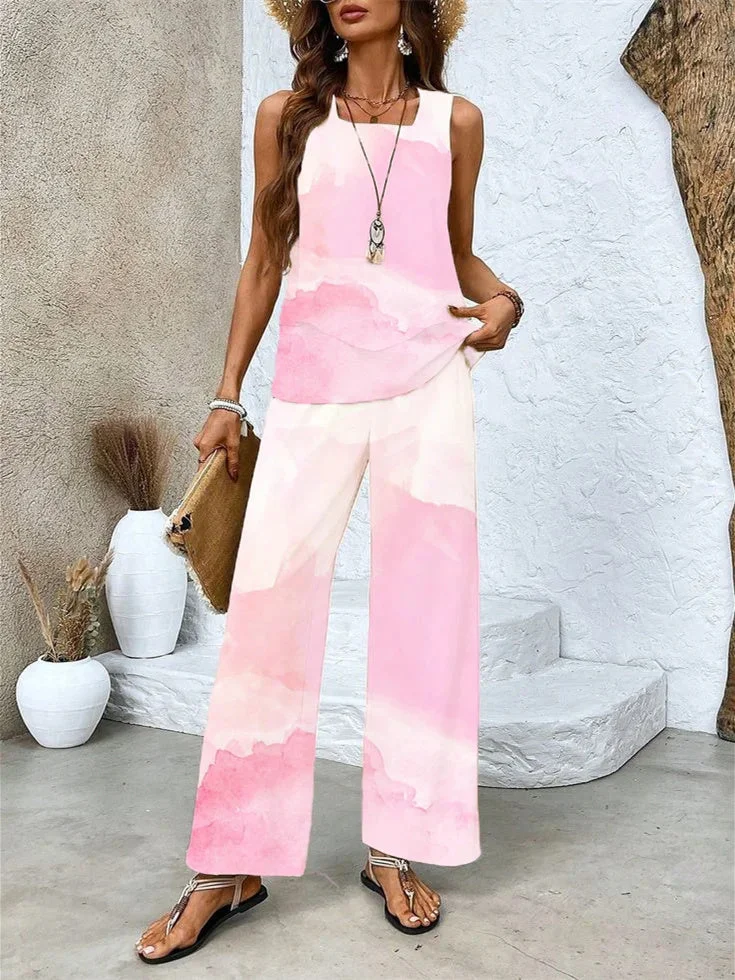 Women's Sleeveless Square Collar Graphic Printed Casual Set