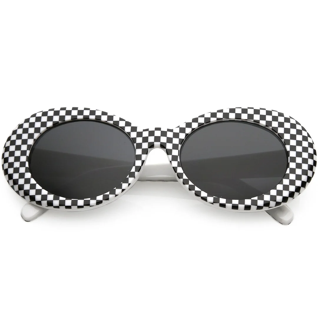 Large Retro Checkered Oval glasses Thick Frame Colored Lens Wide Arms 53mm