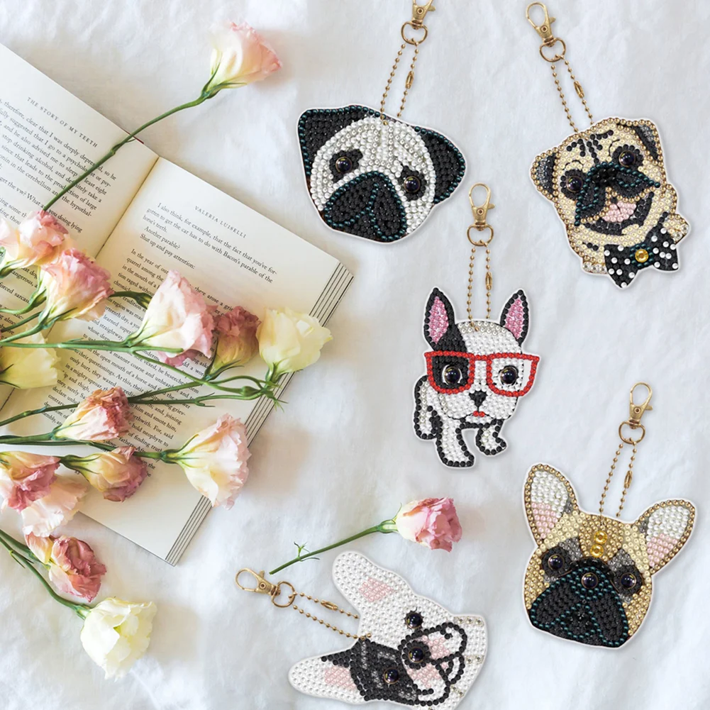 5pcs Diamond Painting Keyring Kits DIY Dog Keychain Bag Pendant(Double Sided)