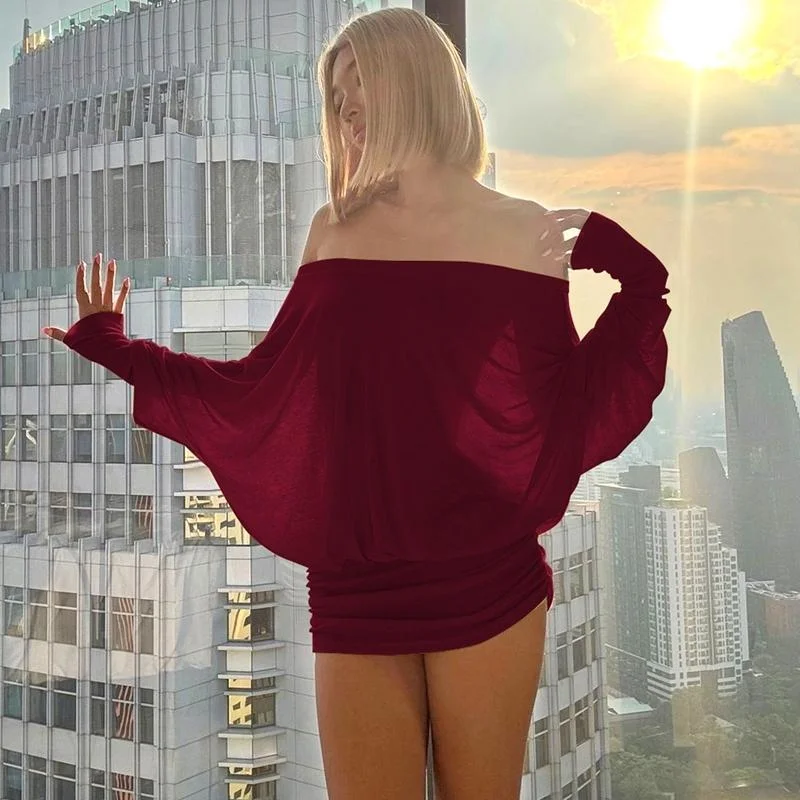 Women's Off The Shoulder Ruched Party Dress Sheer Long Sleeve Mini Dress Elegant Bodycon Dresses for Spring Fall Womenswear