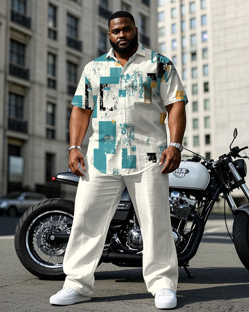 Men's Plus Size Business Apricot Distinctive Shedding Effect Printed Daily Casual Short Sleeve Shirt Trousers Suit