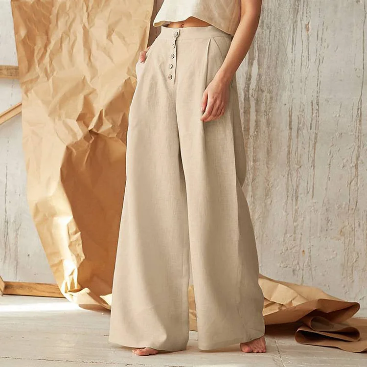 VChics Casual High Waist Button Wide Leg Pants