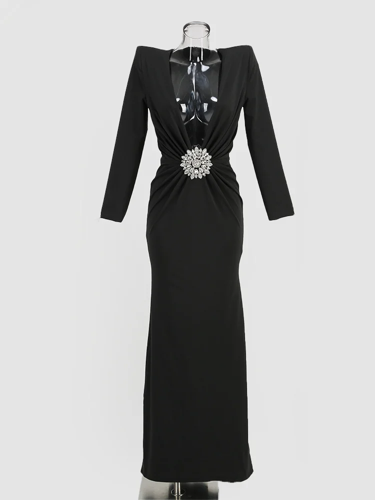 Brownm High-End Women's Sexy Deep V-Folded Long-Sleeved Dress Dress Long Dress Dress