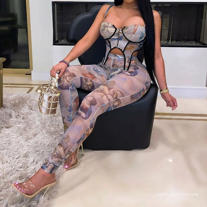 BIIKPIIK Women Angel Skinny Print Two Piece Set Casual Lounge Wear Mesh See Through Crop Top+Pants Matching Sets Female Kit