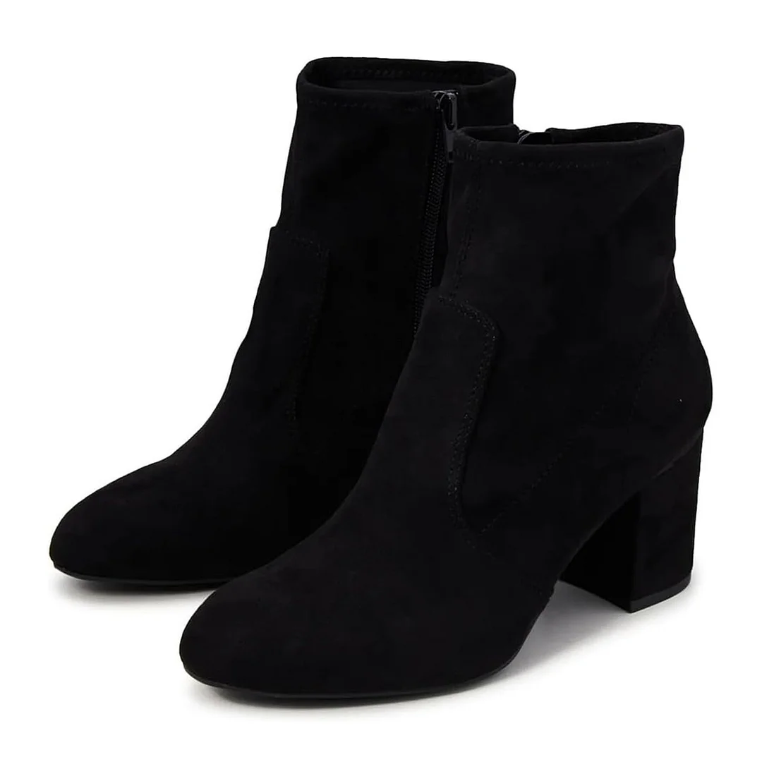 Black Vegan Suede Round Toe High Heeled Ankle Boots for Women