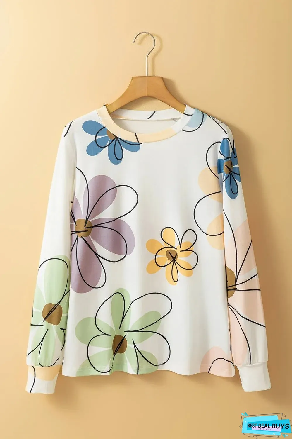 Beige Flower Print Crew Neck Long Sleeve T Shirt