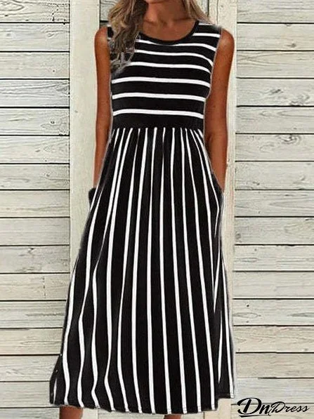 Women's Dresses Striped Print Crew Neck Pocket Sleeveless Dress