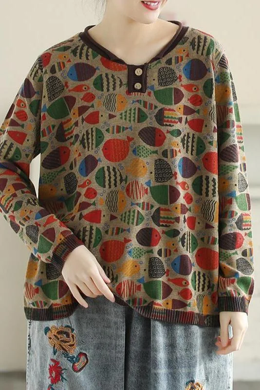 Round Neck Fish Print Knitted T-Shirt