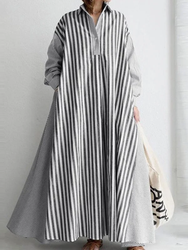 Urban Roomy Striped Long Sleeves Shirt Dress Maxi Dress