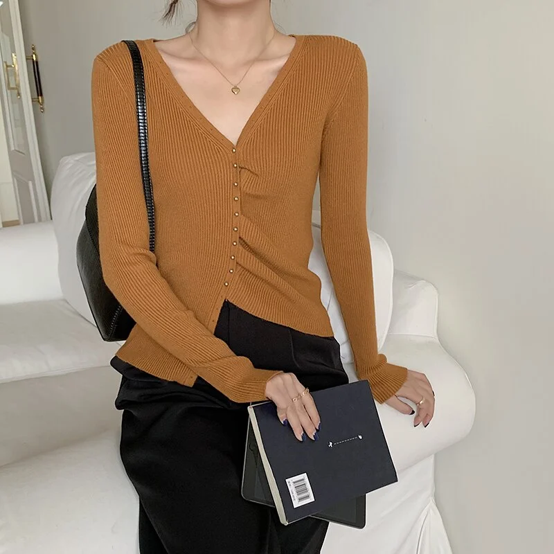Fall 2023 Women Clothing Long Sleeve Knitted Sweater Women Silm V-Neck Cardigan Women Sweater Women Tops Woman Sweaters F372