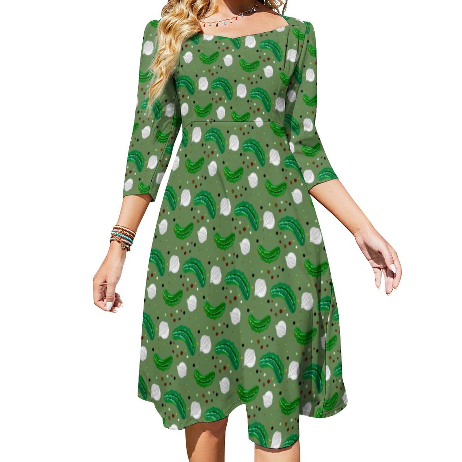 Funny Pickles Gherkins Pickled Onion Pattern Dress Sweetheart Tie Back Flared 3/4 Sleeve Midi Dresses