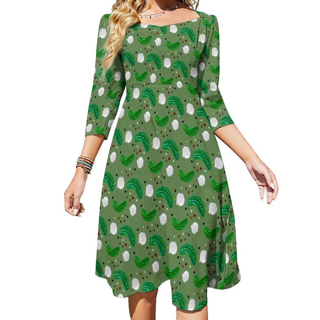 Funny Pickles Gherkins Pickled Onion Pattern Dress Sweetheart Tie Back Flared 3/4 Sleeve Midi Dresses