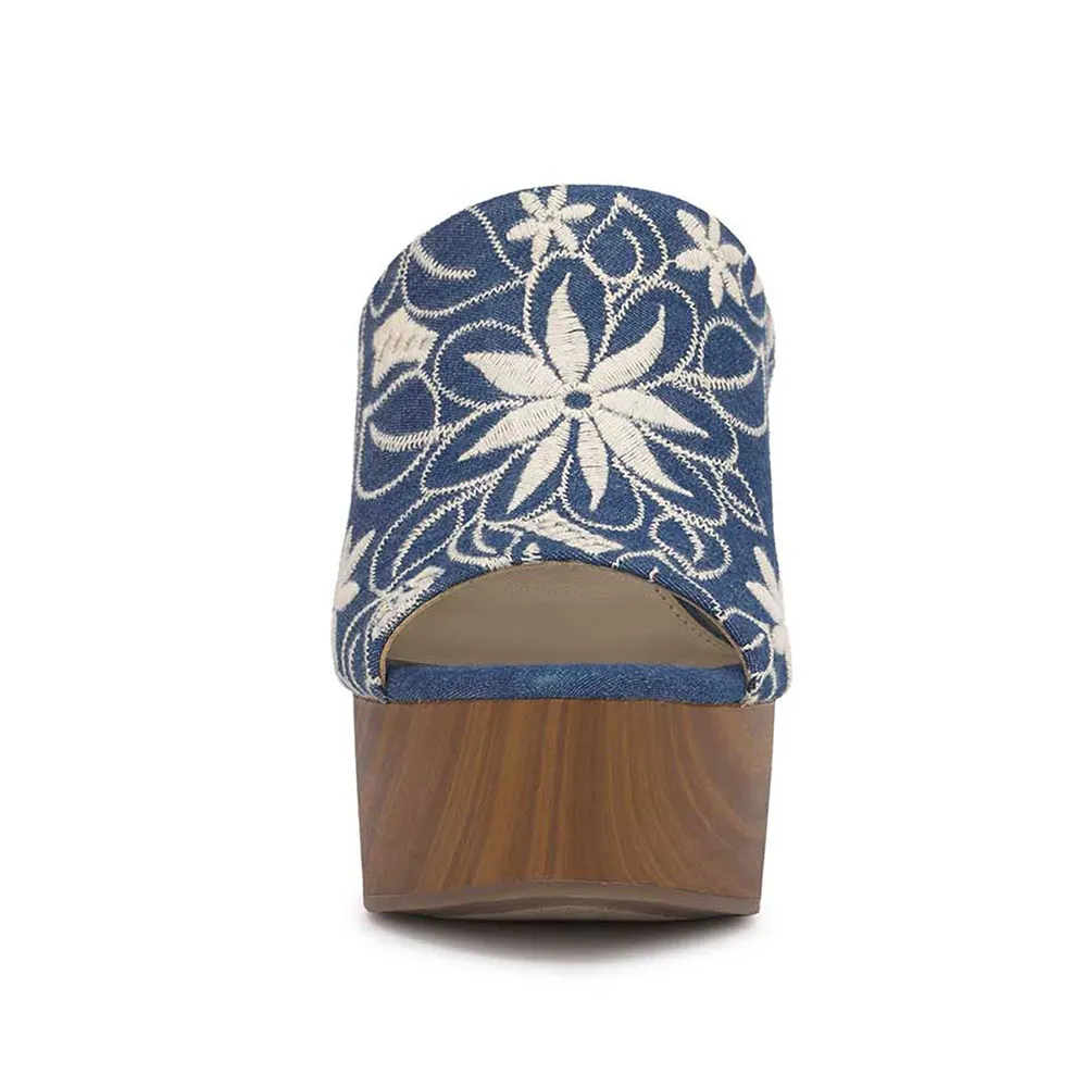 Blue Open-Toe Floral Embroidered Platform Mules with Chunky Heels