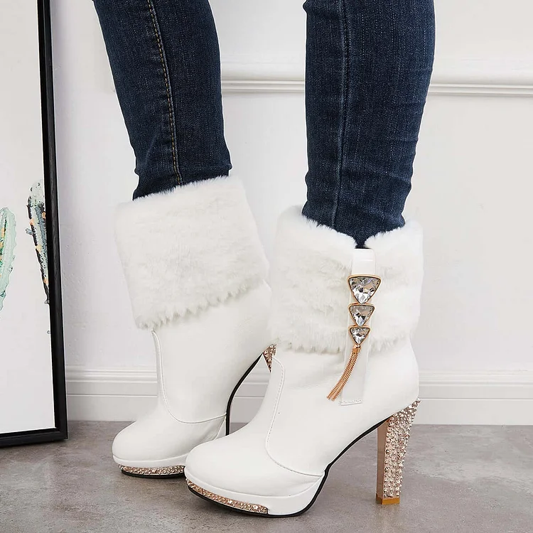 Rhinestone Faux Fur Lined Ankle Boots Chunky High Heel Booties