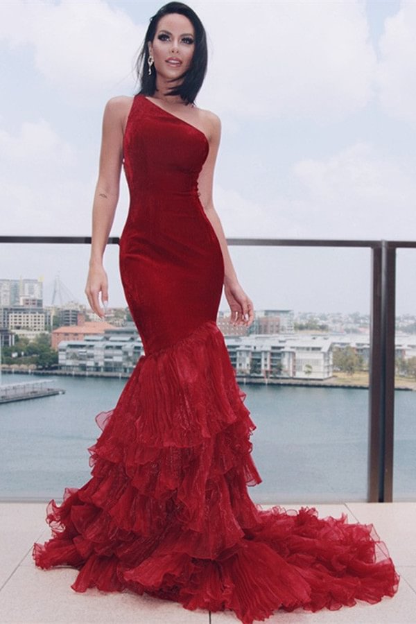 Glamorous One Shoulder Burgundy Prom Dress Mermaid | Ballbellas Ballbellas