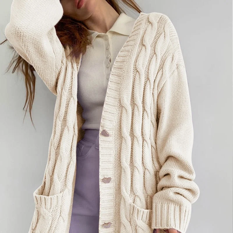 WannaThis Women Striped Jacquard Cardigans Sweater Autumn 2021 Oversize Loose Streetwear Korean Fashion Button Pockets Sweater