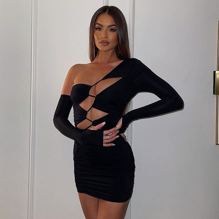 Chic Fashion Long Sleeve Cut Out Bandage Mini Dress Outfits for Women Hot Sexy Club Party Dresses Bodycon Clothes - BlackFridayBuys