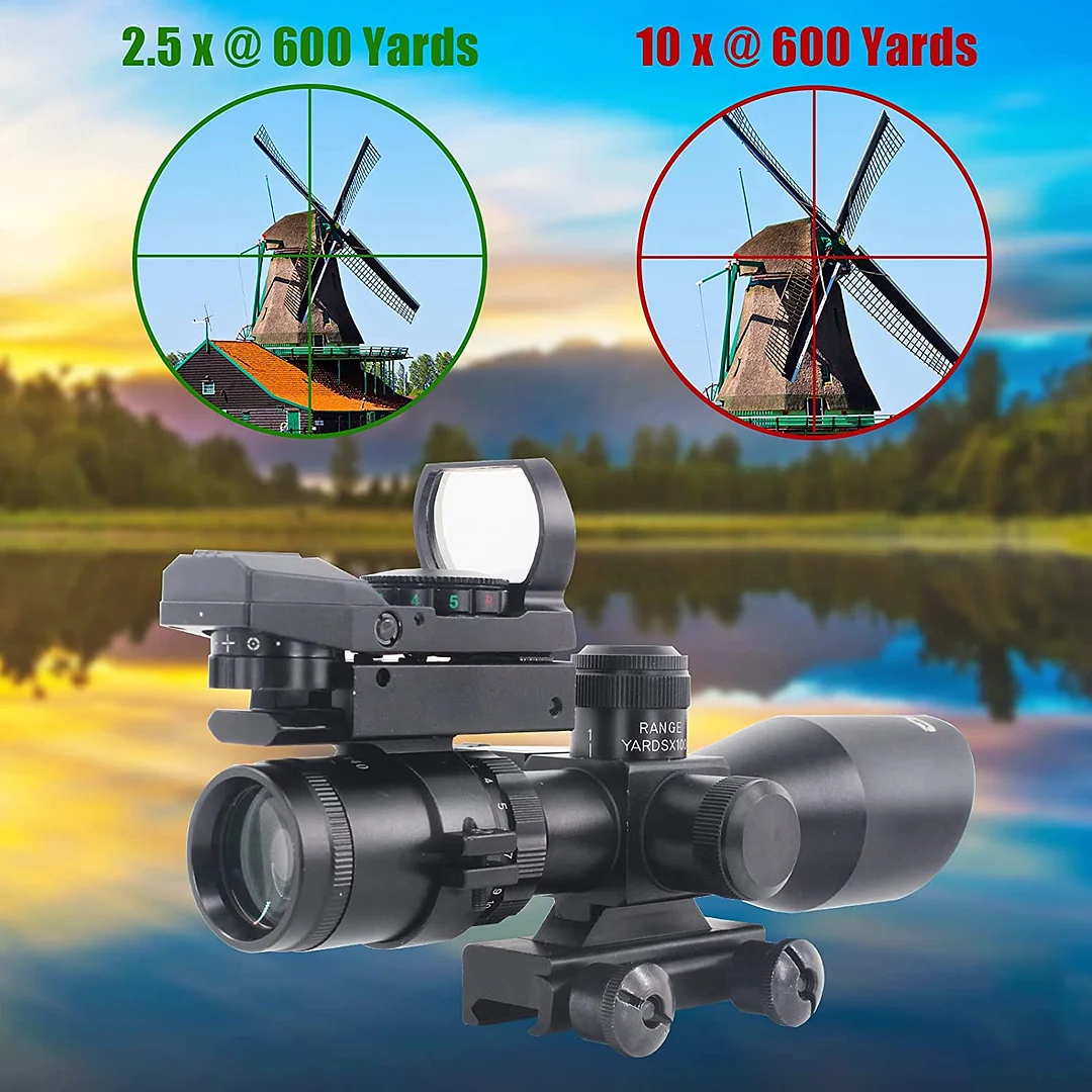 ohhunt® 2.5-10x40 Combo Rifle Scope, Dual Illuminated Mil-dot Reticle, W/Mini Reflex 3 MOA Red Dot Sight and Laser Sight