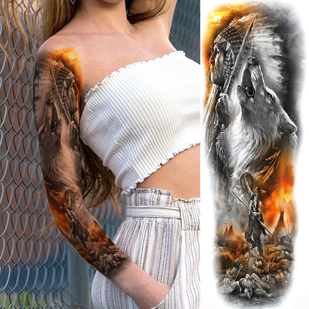 Sdrawing Military Wolf Temporary Tattoos Sleeve For Men Adult Fake 3D Lion Skull Tatoos Sticker Full Arm Warriors Tattoos For Show