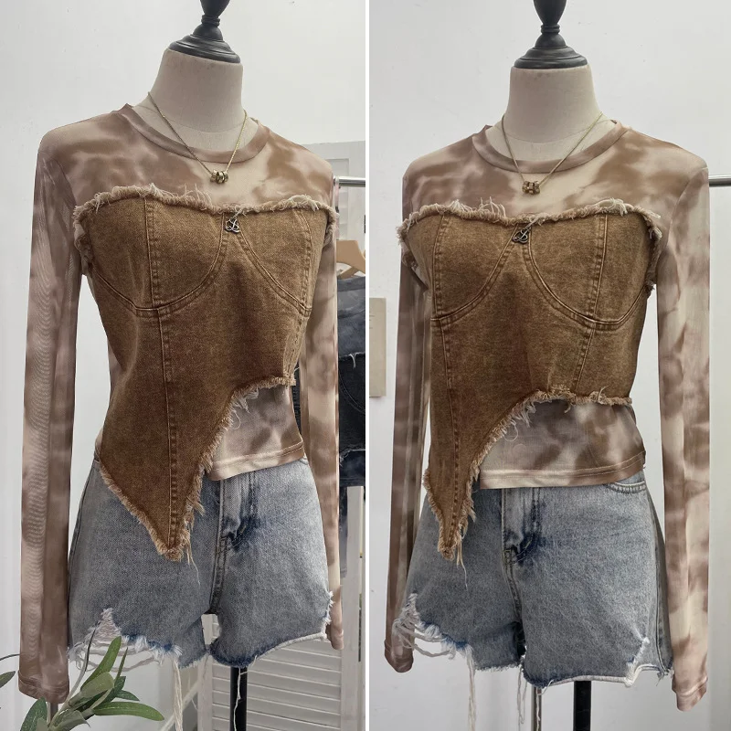 Uveng Vintage Dye Mesh Spliced Denim Shoulder Long-Sleeved T-Shirt T-Shirt T-Shirt Dress 2617