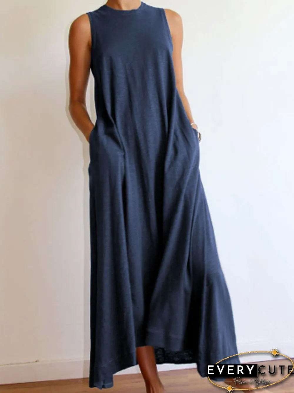 Cotton-Blend Solid Sleeveless Crew Neck Casualdress