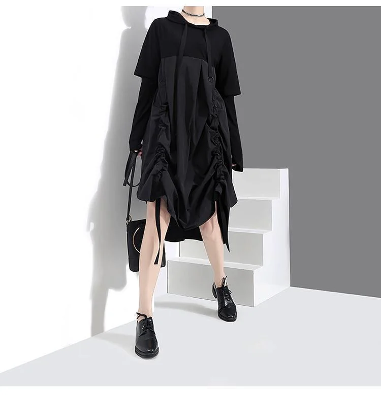 Design Black Hooded Patchwork Drawstring Folds Hem Fake Two Pieces Dress