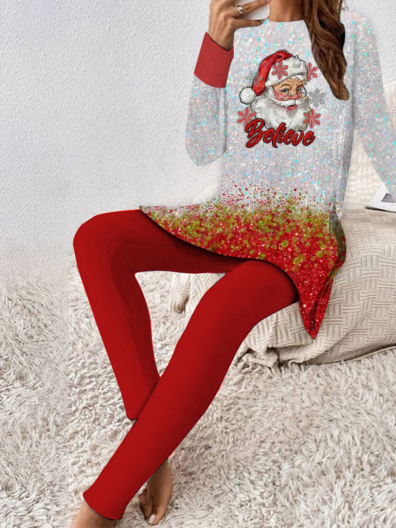 Women Casual Long Sleeve Round Neck Graphic Christmas Two-Piece Set